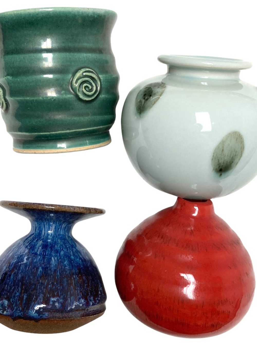 Vintage Studio Pottery Bud Vases Set of 4 Handmade Signed Red Blue Green 4"